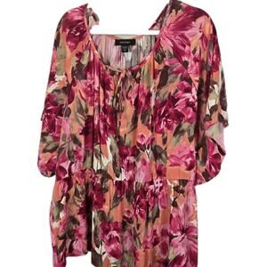 Karen Kane Vibrant Floral Blouse Sz 3X Pink Orange BOHO peasant Hippie Cottage